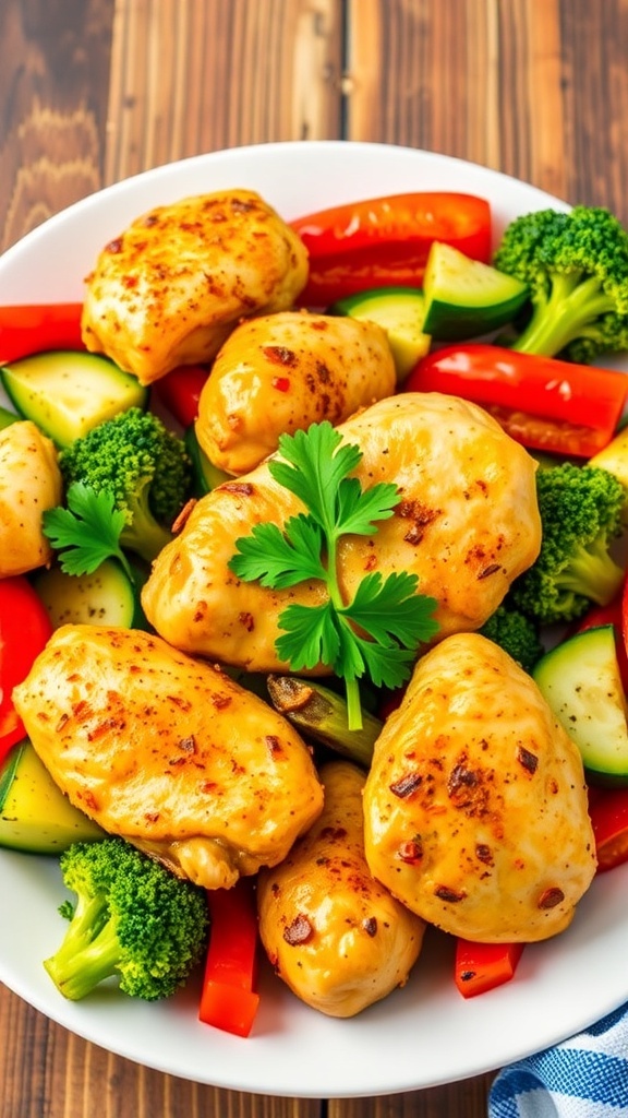 Healthy Air Fryer Chicken and Vegetables Recipe Air fryer chicken and vegetables with bell peppers, zucchini, and broccoli, garnished with parsley on a wooden table.